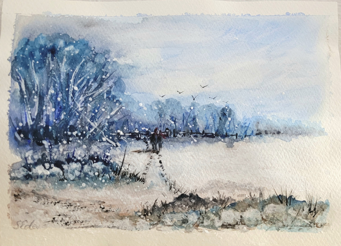 Watercolor ´Walk in the snow´, 15x21cm