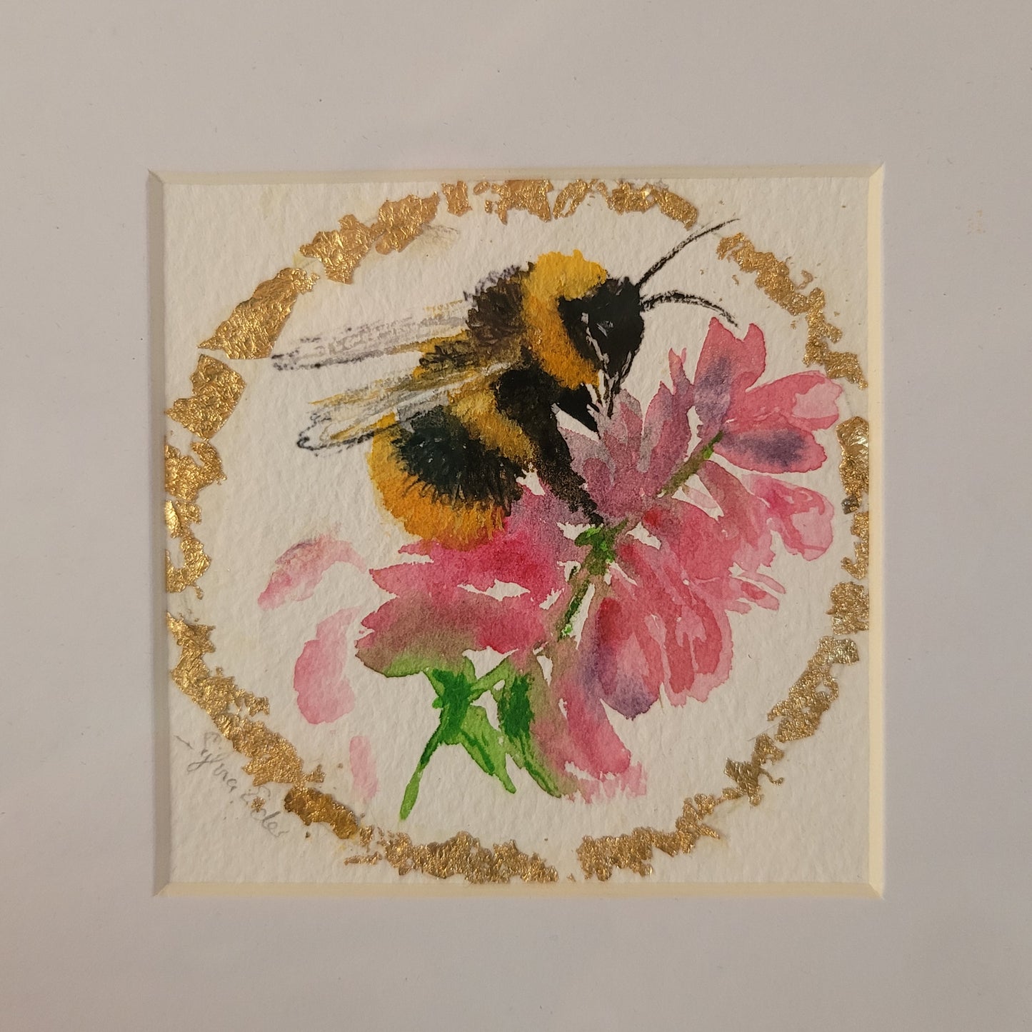 Watercolor ´Bumble bee being busy´, 10x10cm