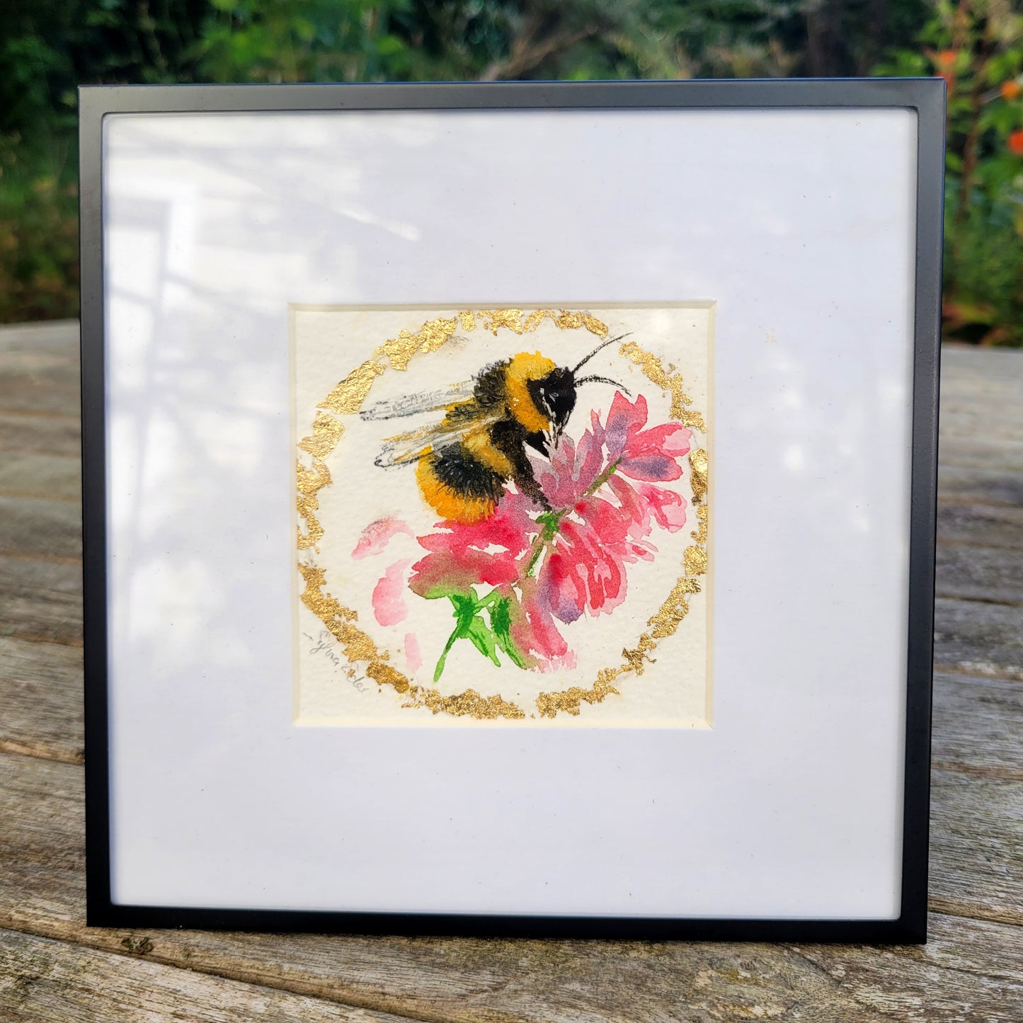 Watercolor ´Bumble bee being busy´, 10x10cm