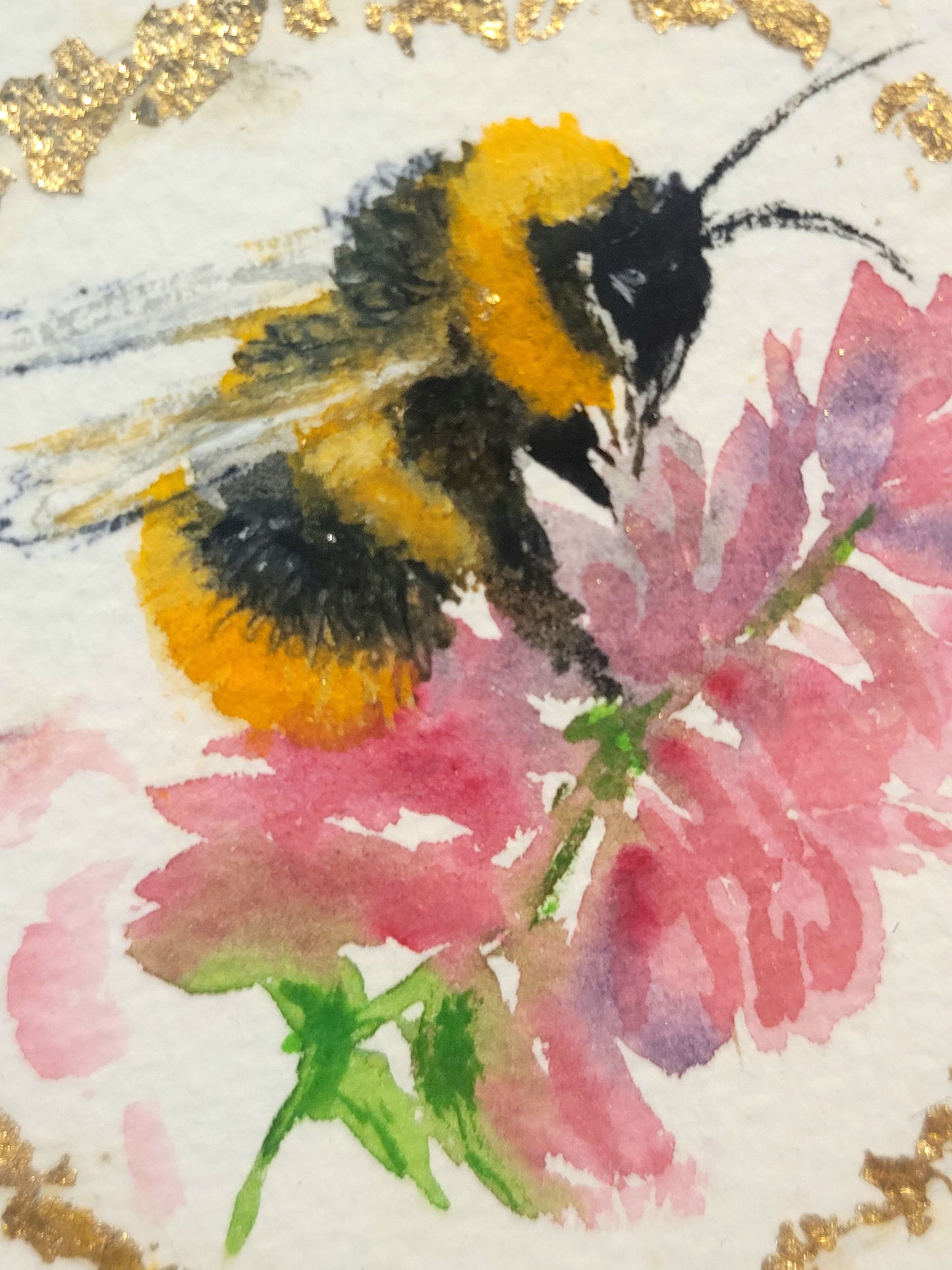 Watercolor ´Bumble bee being busy´, 10x10cm