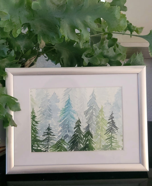 Waterolor, ´Green fir trees in the mist´, 13x18cm