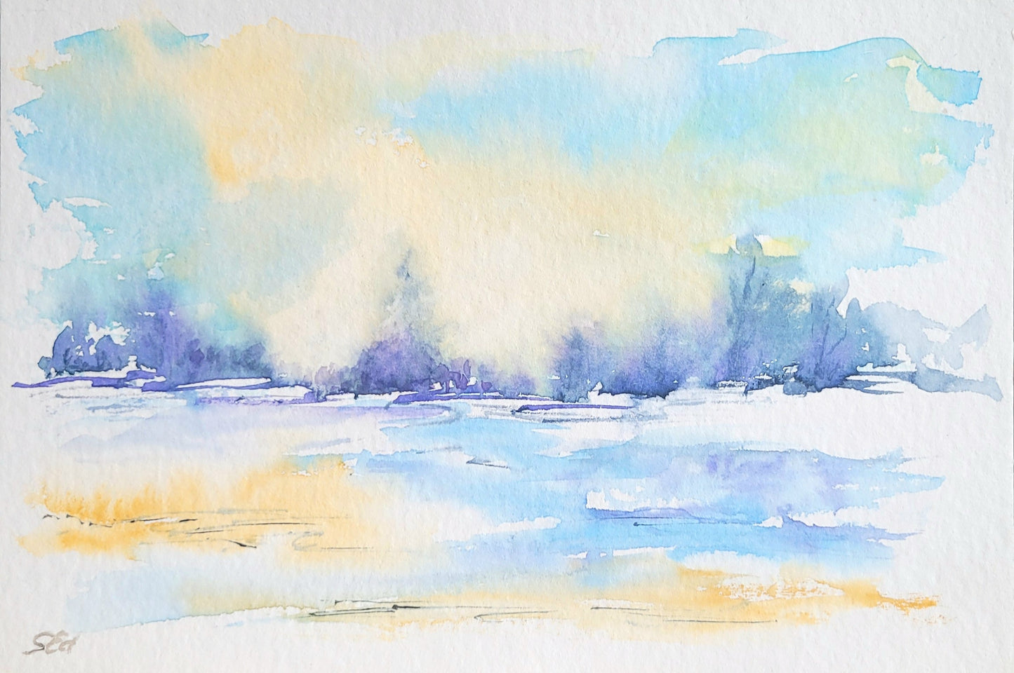 Watercolor ´Winter magic at the frozen lake´  15x18cm