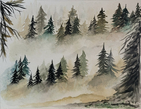 Watercolor ´Fir trees in the fog´, 13x18cm