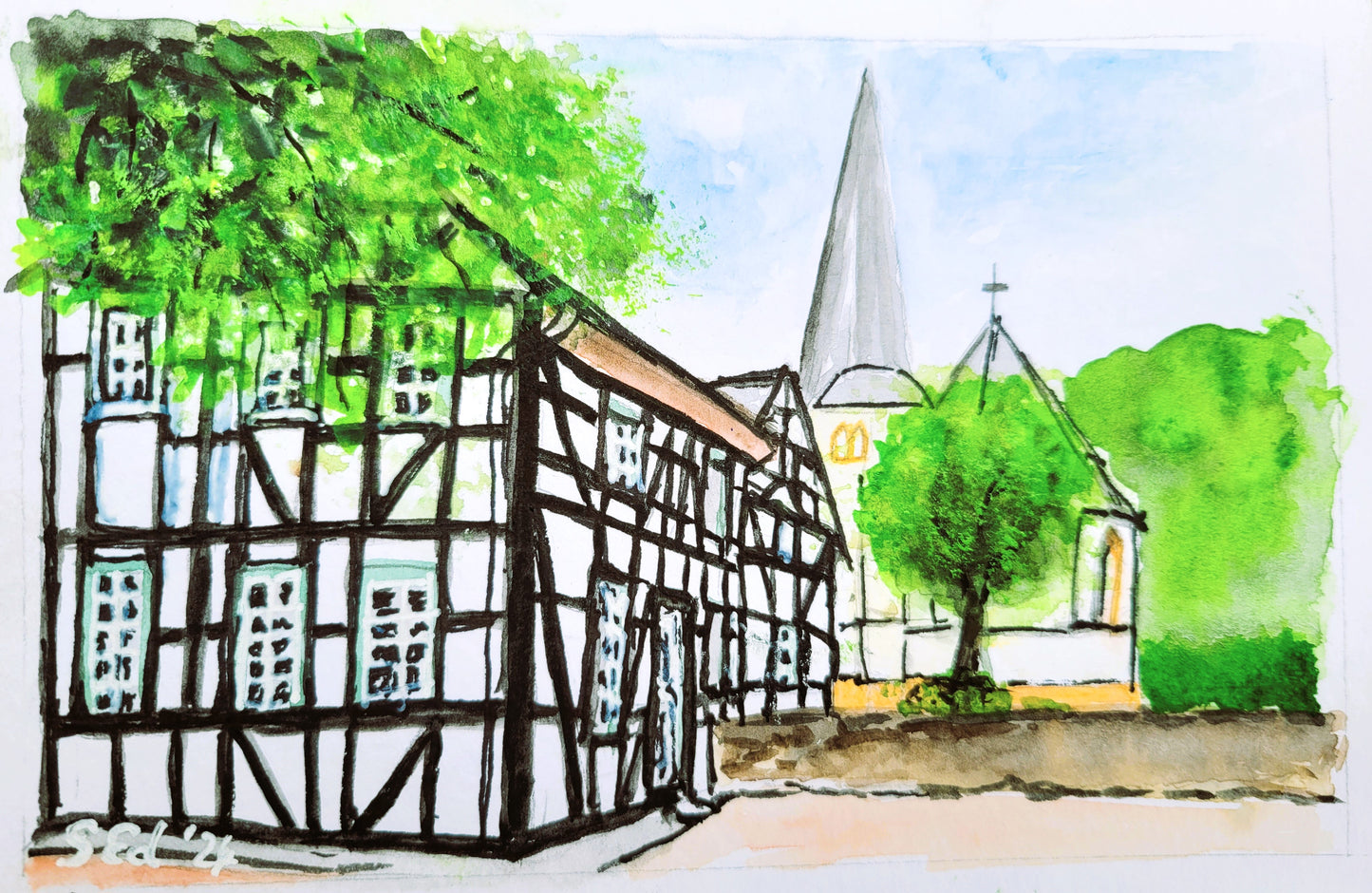 Watercolor ´Charming square in old village´, 13-18cm