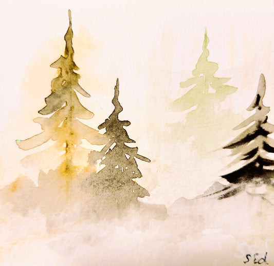 Watercolor ´Fir trees in the fog´, 8x8cm